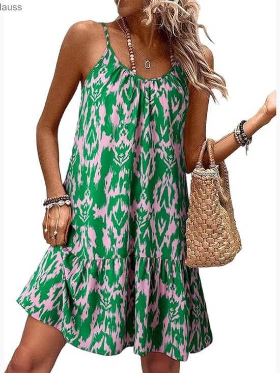 Dresses & Skirts - Spaghetti Strap V-Neck Smocked Boho Mini Dress Flowy Summer Casual